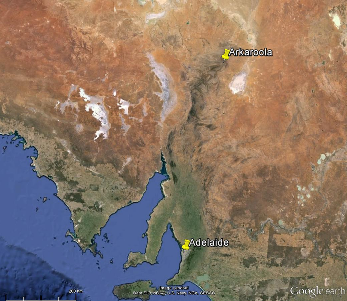 Satellite map showing Arkaroola in the northern Flinders Ranges, north of Adelaide, South Australia
