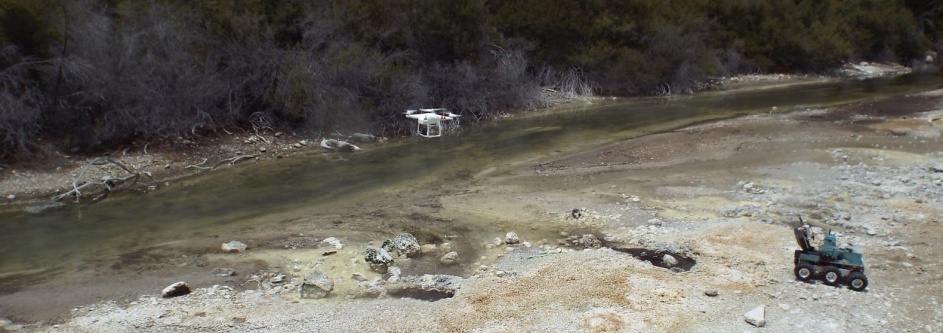 Rover and DJI quadcopter operating in Parariki Stream, Rotokawa