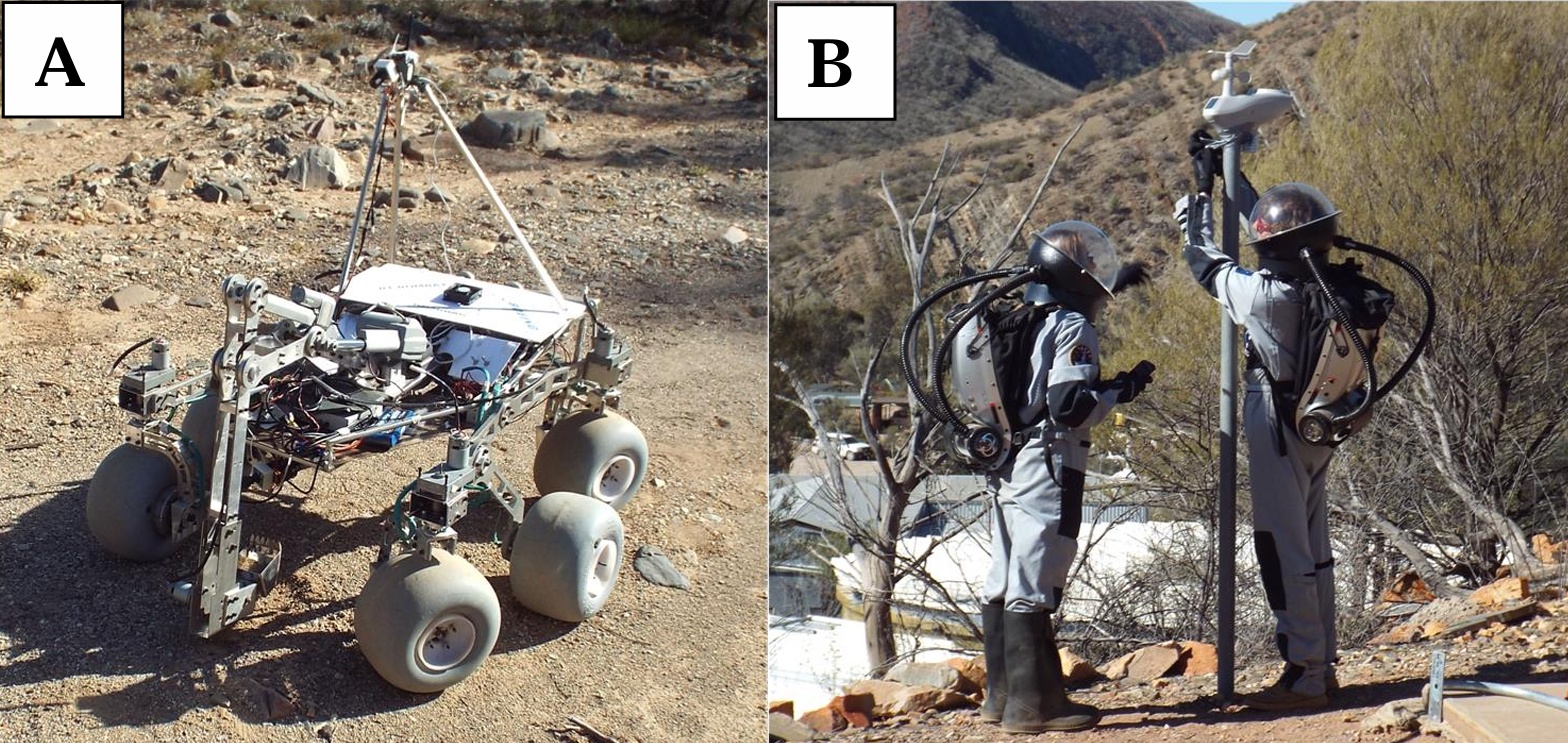 MSI rover sampling alluvial gravel under remote control and a simulated EVA installing an automatic weather station at Arkaroola Old Observatory