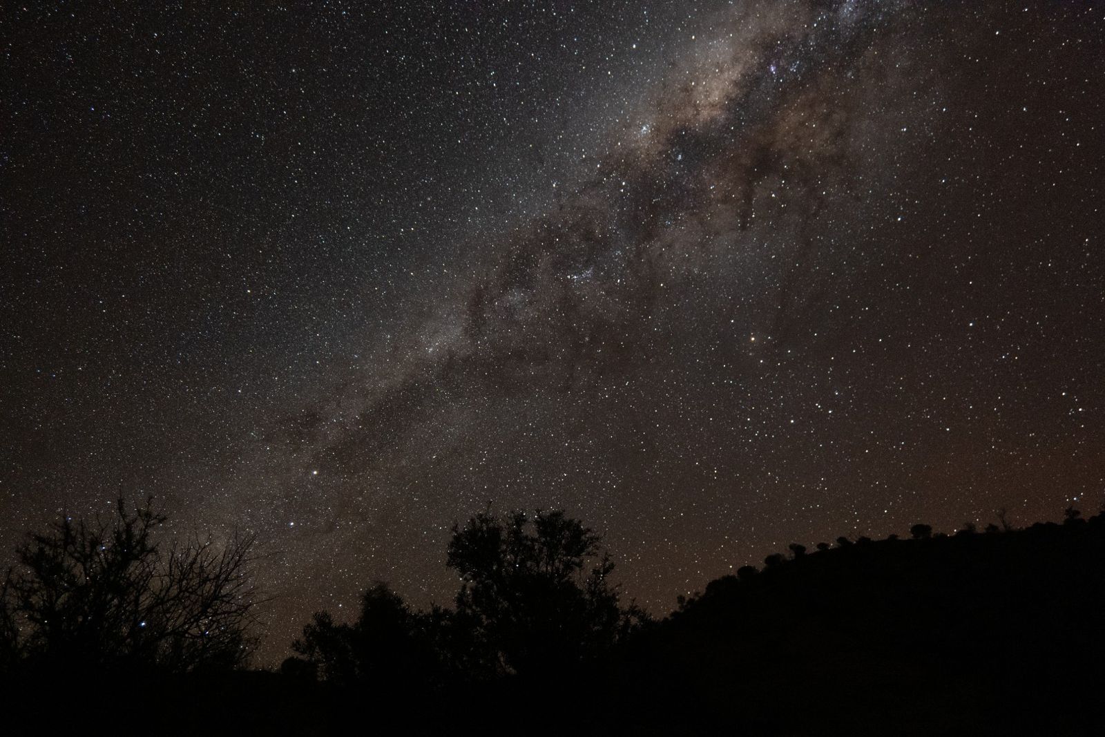 The Milky Way arching over the silhouetted hills and trees at Arkaroola